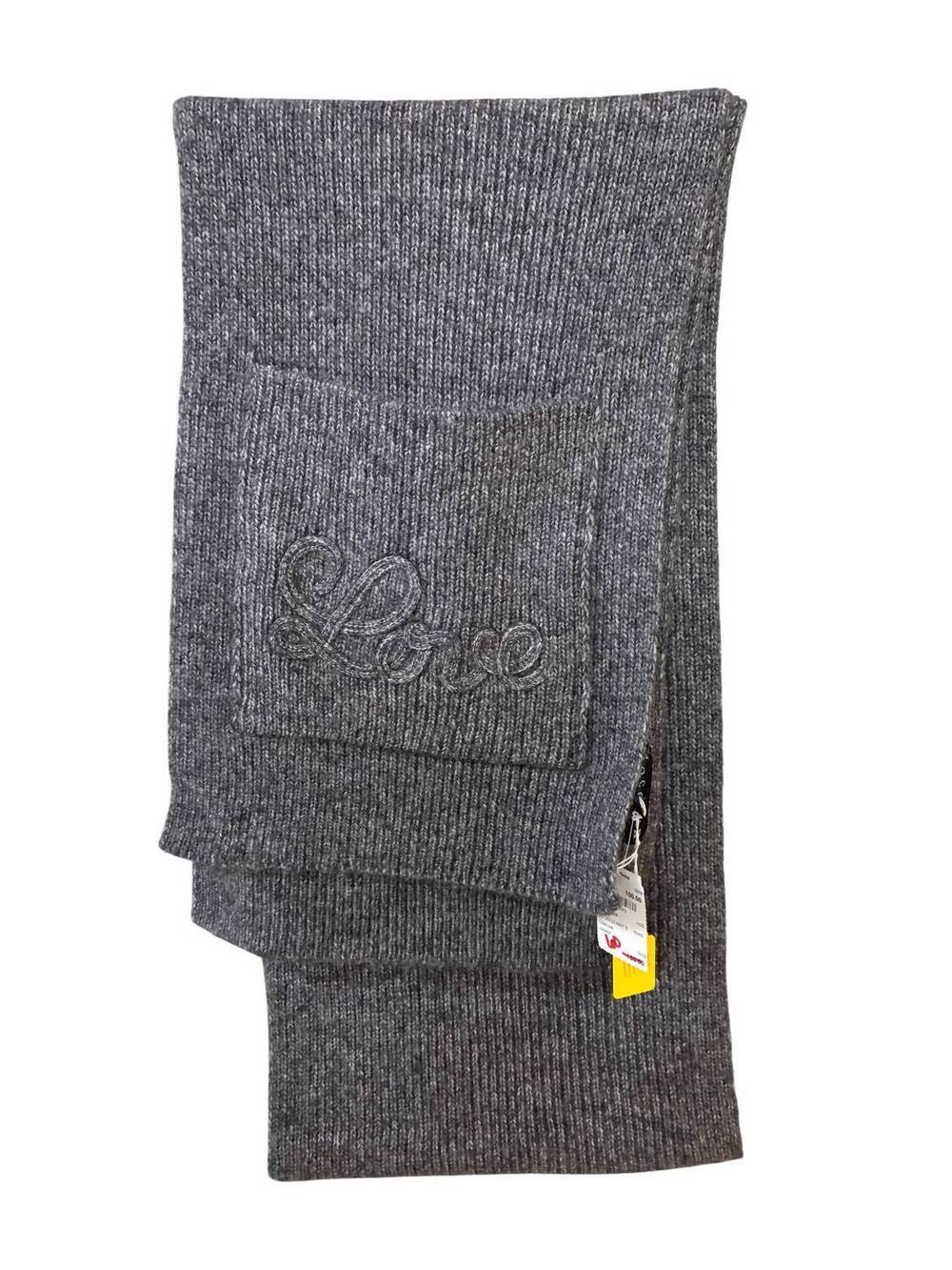 NEW JOCELYN women's knit embroidered love scarf with fringe in charcoal